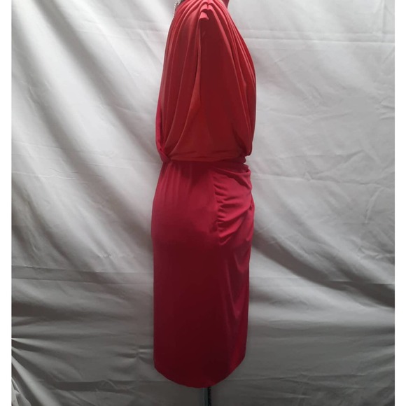 Maggie London Pink Coral Color Block Pleated V-Neck front back Ruched Dress 8 - Picture 5 of 7